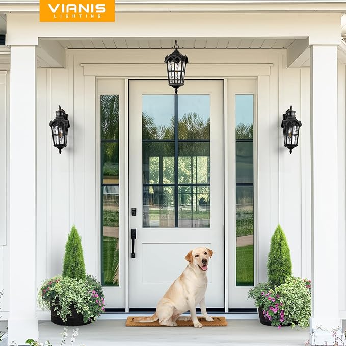 VIANIS Black Outdoor Pendant Light Lantern with Gold Trim, Outdoor Hanging Lights with Ripple Glass, Aluminum Outside Chandelier for Porch Waterproof and Anti-rust, Ceiling Fixtures for House Entryway