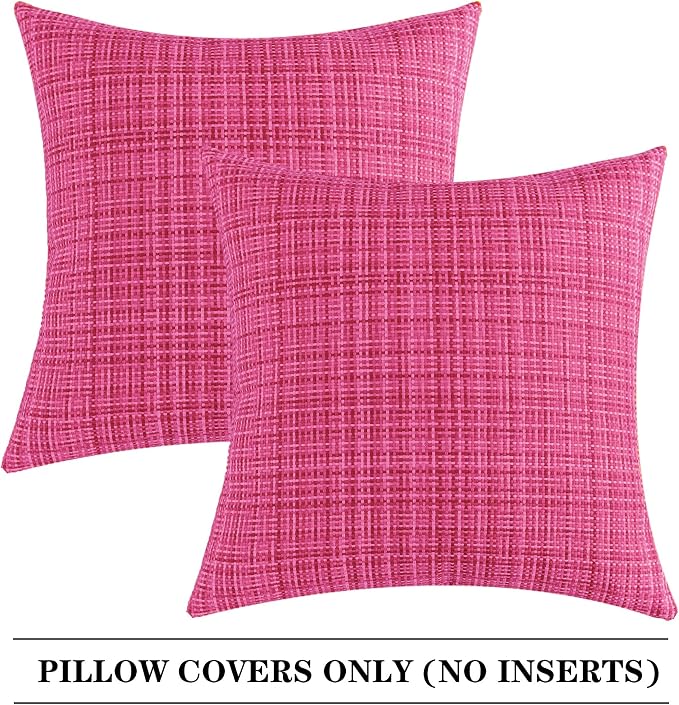Kevin Textile Outdoor Waterproof 22x22 Inch Pillow Covers 2 Pack, Hot Pink | Water Resistant, Faux Linen Yarn-dyed, Woven Texture Throw Pillow Covers for Tent Patio Garden Couch Sofa