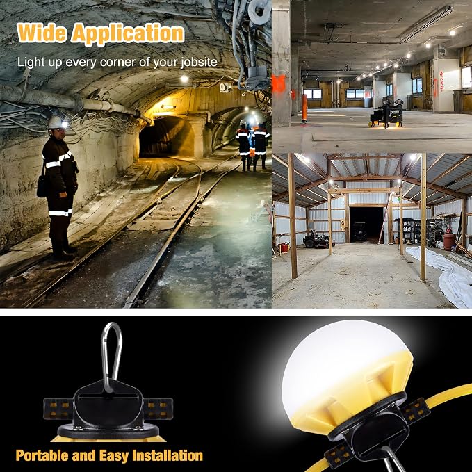 50FT LED Construction String Light, 50W 6000Lm,18AWG Wire,5000K Linkable String Work Lights with 5 Bulbs & Hooks, Industrial Temporary Lighting for Construction Site, Crawl Space,Job Site,Attic
