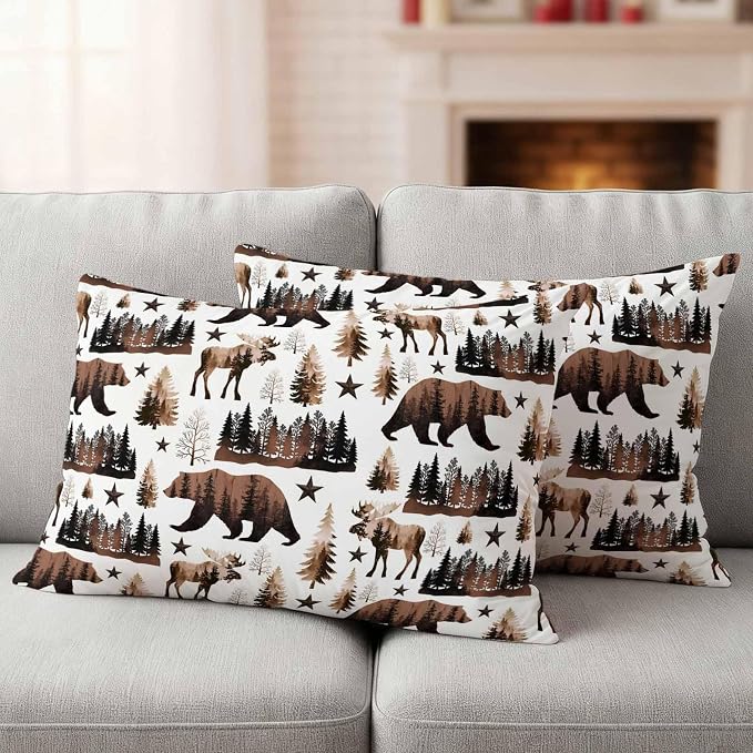 Brown Bear Elk Cabin Outdoor Pillow Covers 20x12 Inch Lumbar Pillow Covers Set of 2 Waterproof Decorative Throw Pillow Cases Farmhousee Pine Tree Forest Cushion Covers for Patio Furniture Garden Couch