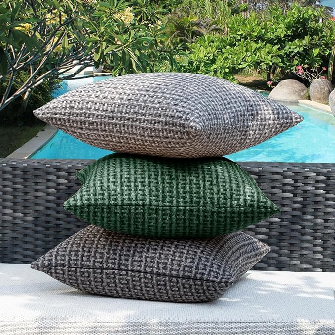 Kevin Textile Outdoor Waterproof 16"x16" Pillow Covers 2 Pack, Dark Green | Water Resistant Weaving Faux Linen Texture Throw Pillow Covers, Outside Decorative Pillowcases for Garden Patio Balcony Couch
