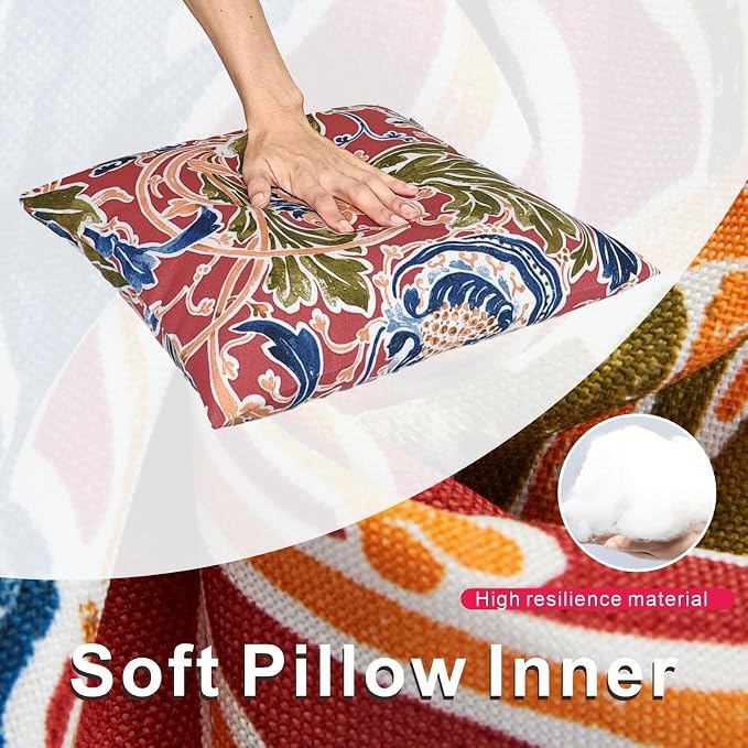 JMGBird Porch Pillows Waterproof Outdoor Lumbar Pillow Covers with Insert | Water-Resistant Outdoor Pillows Set of 2, 18x18 inch Durable Red with Pomegranate Flower Pattern Throw Pillows