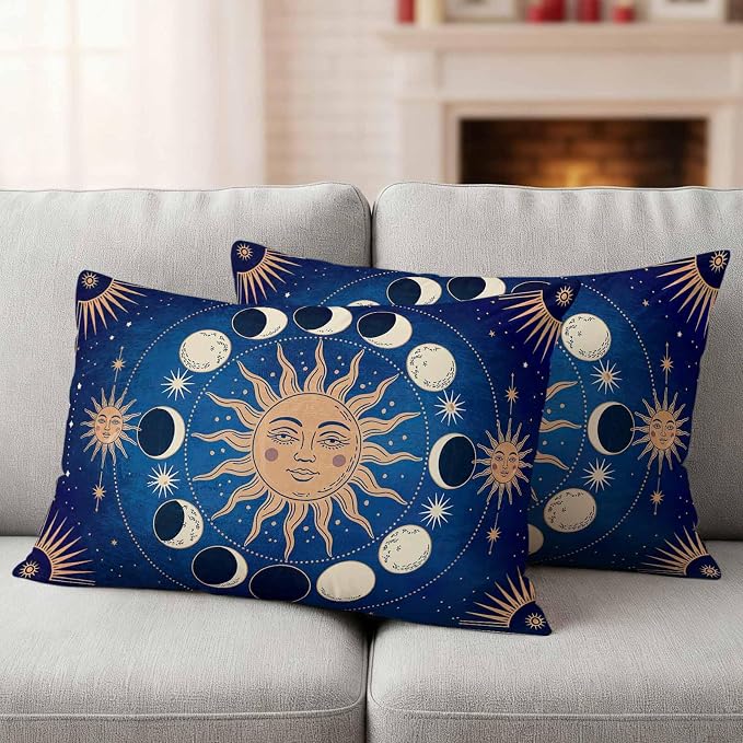 Celestial Sun and Moon Waterproof Outdoor Pillow Covers Set of 2 Home Decor, Blue Starry Galaxy Boho Lumbar Pillowcase Patio Pillow Covers for Couch Bench Patio Furniture Garden 20x12in