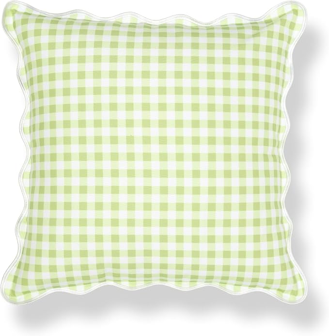 Hofdeco Premium Grandmillennial Coastal Hampton Patio Indoor Outdoor Throw Pillow Cover Only, 20"x20" Water Repellent for Backyard, Couch, Poolside, Grass Green Print Gingham