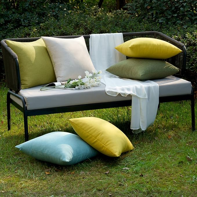 EMEMA Outdoor Waterproof Beige Pillow Covers 18x18 Inch Rustic Decorative Throw Pillow Covers Cushion Case Square for Patio Sofa Couch Home Bed Farmhouse Car Decor Set of 2