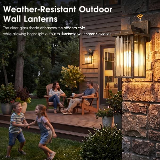 15-Inch Dusk to Dawn Outdoor Wall Light, Black Brush Gold All-Metal | Auto On at Dusk, Off at Dawn. Textured Glass Softens Glare. Waterproof Rust-Resistant Metal. Pre-Assembled DIY Install