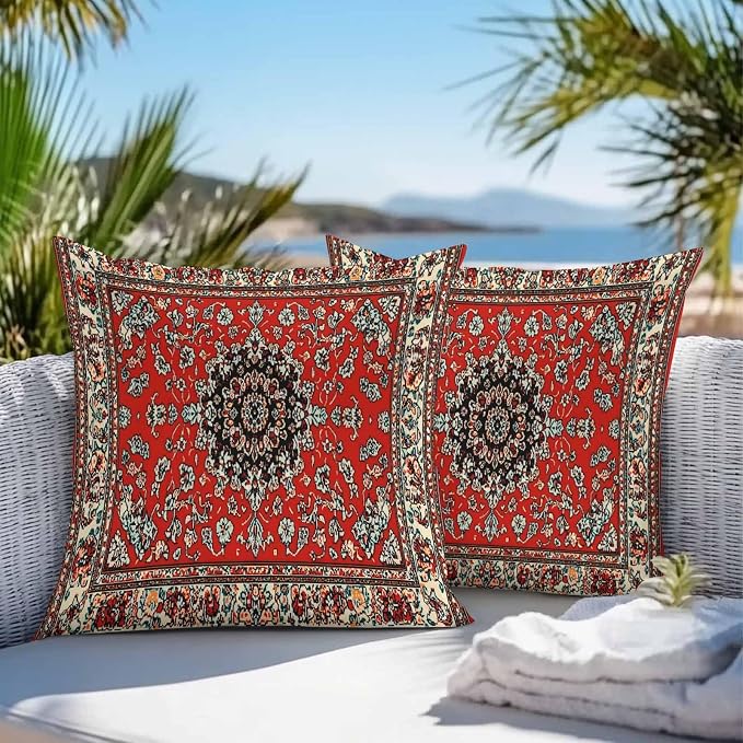 Vandarllin Outdoor Throw Pillows Covers 24x24 inch Set of 2 Waterproof Red Bohemian Decorative Zippered Cushion Covers for Patio Furniture, Boho Tribe Texture Lumbar Pillowcases
