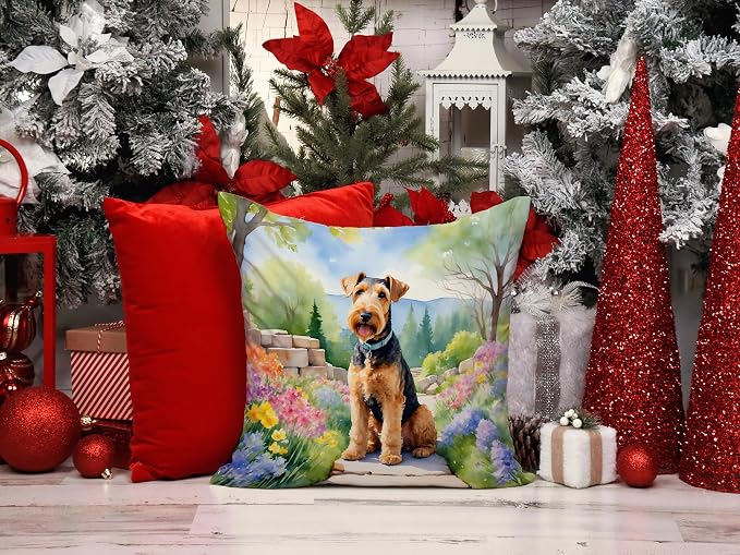 Caroline's Treasures Airedale Terrier Spring Garden Throw Pillow Machine Washable, Indoor Outdoor Decorative Pillow for Couch, Bed or Patio, 14Hx14W