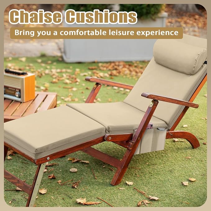 RattanView 2 Pcs Outdoor Chaise Lounge Cushion with Pillow and Side Pockets Waterproof Lounge Chair Cushions for Outdoor Furniture Patio Lounger Pad for Outside Pool Lawn (Beige,72 x 21 x 4)