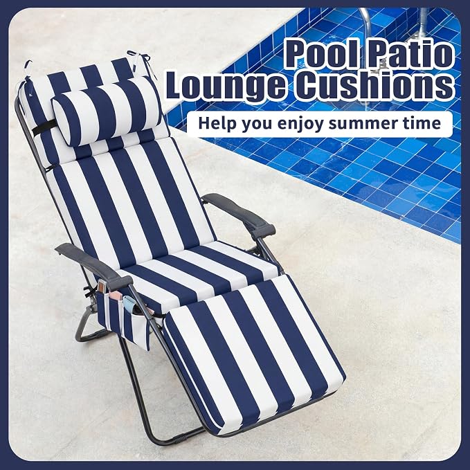 RattanView 1 Pcs Outdoor Chaise Lounge Cushion with Pillow and Side Pockets Waterproof Lounge Chair Cushion for Outdoor Furniture Patio Lounger Pad for Outside Pool Lawn (Navy Blue White,72 x 21 x 4)