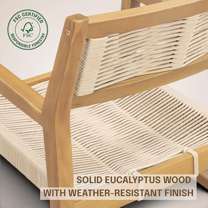 NTC Terra Set of 2 Solid Wood Armchairs with Handwoven Rope Seat & Back, Indoor & Outdoor Dining Chairs for Patio Dining Sets, Modern Patio Chairs with Arms, Easy Assembly, Natural