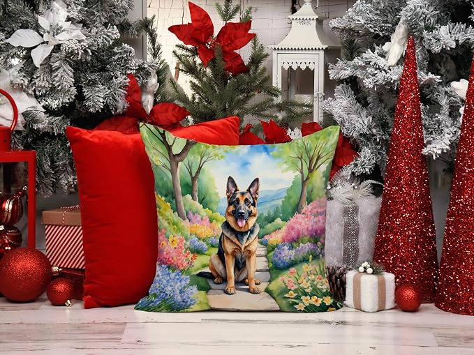 Caroline's Treasures German Shepherd Spring Path Throw Pillow Machine Washable, Indoor Outdoor Decorative Pillow for Couch, Bed or Patio, 14Hx14W