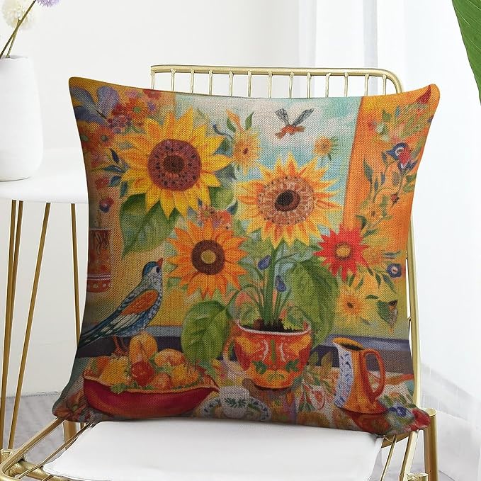 Throw Pillowcase Colorful Painting of Sunflowers Cushion Case 16"x16" Vintage Sunflower Decorations Pillow Covers Cushion Case for Sofa Couch Decorative Cutton Linen Cushion Cases