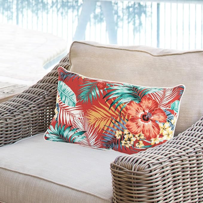 Lumbar Pillow Covers Set of 2, Outdoor Indoor Waterproof Decorative Patio Lumbar Pillowcase Shell 12x20 Inch, Rectangular Cushion Case for Couch Sofa Garden Farmhouse-Chili Red Floral