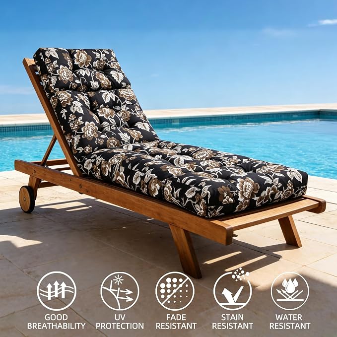 Patio Chaise Lounge Cushions, 70.5"x21"x4" Waterproof Replacement Beach Pool Lawn Outdoor Lounge Chair Cushion, Non-Slip Bottom & Secure Ties for Outdoor Furniture,Flower Black, 1Count