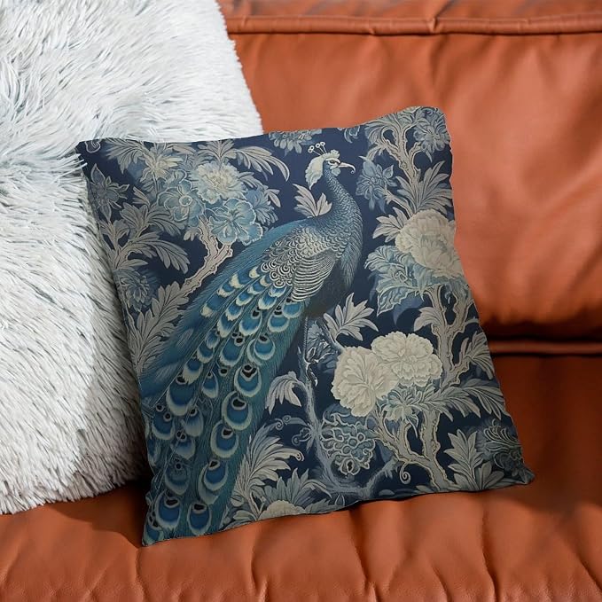 Blue Peacock Chinoiserie Pillowcase Blue Grey Asian Flower Throw Pillow Cover Retro Modern Decorative Pillow Covers for Couch Garden Tent Balcony 16x16 in