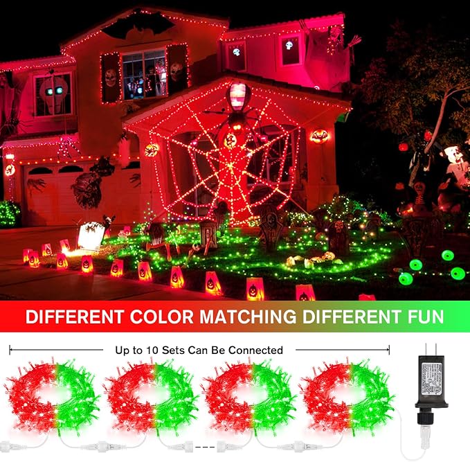 JMEXSUSS 100 LED Red & Green Christmas Lights Plug in, Halloween Lights | Christmas String Lights Indoor, 33ft Connectable Color Changing Light Outdoor for Party Decor