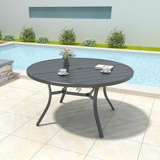 Anmutig 7 Piece Patio Dining Set 54 Inch Round Table Stackable Chairs Red | Powder-Coated Steel Frame, Quick-Dry Textilene Mesh, Dual-Size Umbrella Hole, Weather Resistant, Patio, Garden, Backyard