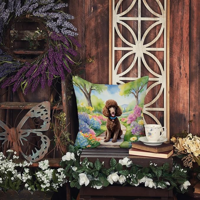 Caroline's Treasures Chocolate Poodle Spring Path Throw Pillow Machine Washable, Indoor Outdoor Decorative Pillow for Couch, Bed or Patio, 18Hx18W