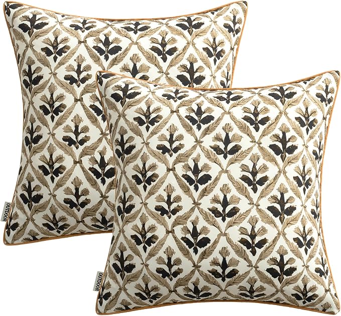 MIULEE Outdoor Floral Pillow Covers Waterproof 16x16 Coffe-Brown | Decorative Block Print,Boho Farmhouse, Set of 2 Coastal Summer Cushion Covers with Piping,Garden Patio Furniture Porch Couch