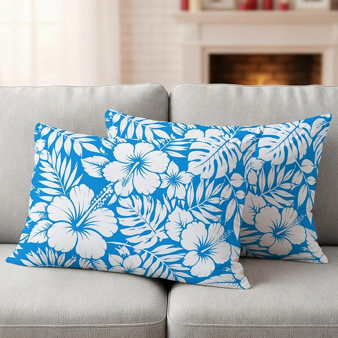 Hibiscus Flowers Waterproof Outdoor Pillow Covers Set of 2 Home Decor, Blue Tropical Monstera Leaves Lumbar Pillowcase Patio Pillow Covers for Couch Bench Patio Furniture Garden 20x12in