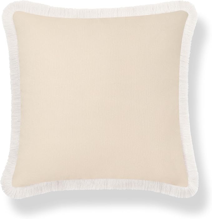 Hofdeco Premium Coastal Hampton Patio Indoor Outdoor Throw Pillow Cover Only, 22"x22" Water Repellent for Backyard, Couch, Poolside, Neutral Tan Print Solid