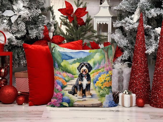 Caroline's Treasures Bernedoodle Spring Path Throw Pillow Machine Washable, Indoor Outdoor Decorative Pillow for Couch, Bed or Patio, 14Hx14W