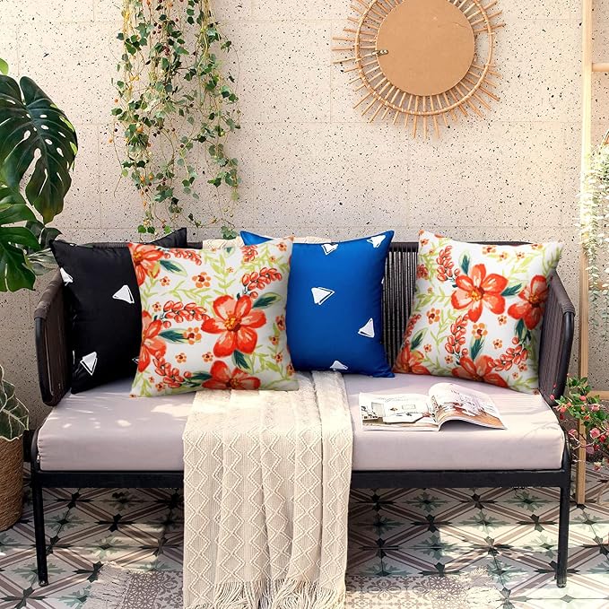 Pyonic Outdoor Pillows Covers Pack of 2 Spring Floral Waterproof Throw Pillow Covers 18X18 inch Outdoor Pillows for Patio Furniture Garden Square Outside Waterproof Pillow