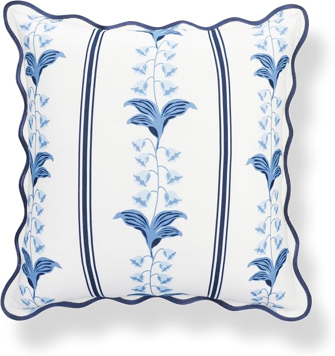 Hofdeco Premium Coastal Hampton Patio Indoor Outdoor Throw Pillow Cover Only, 20"x20" Water Repellent for Backyard, Couch, Poolside, Azure Navy Blue Print Watercolor Striped Lily of the Valley