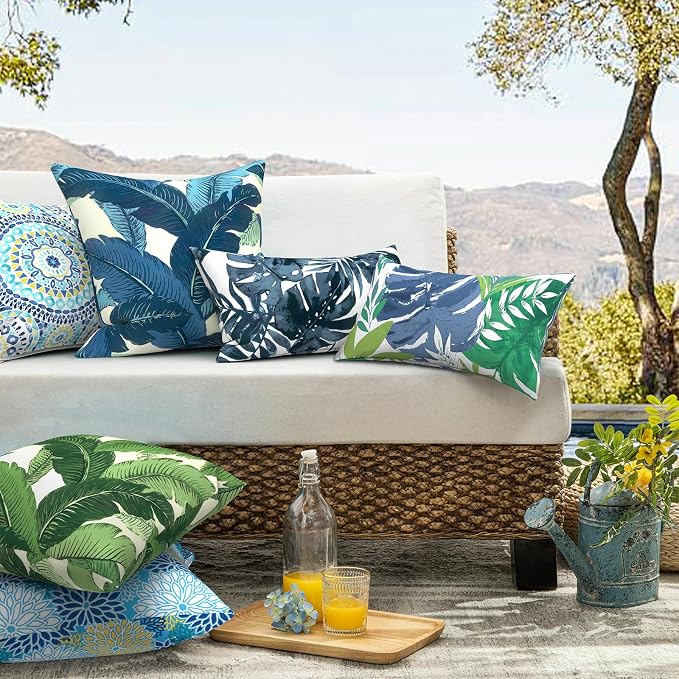 Outdoor Pack of 2 Patio Throw Pillow Covers ONLY 20x20 Inch, Water Repellent Cushion Cases, Square Pillowcases for Couch Decoration, Dahlia Blue