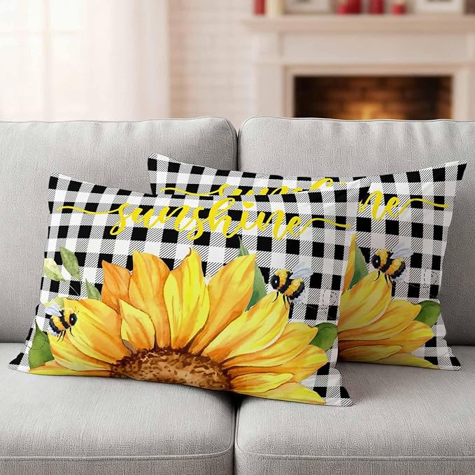 Farm Outdoor Pillow Covers Set of 2,Watercolor Sunflowers Honeybee Decorative Waterproof Throw Pillowcase Yellow Flower Black White Plaid Cotton Linen Soft Cozy Cushion Cover Pillowsham 20x12In