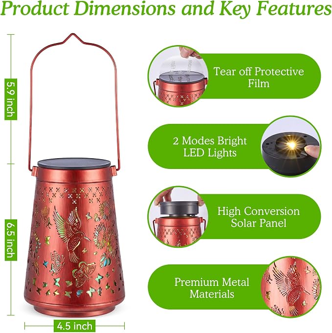 2 Pack Hummingbird Solar Lanterns Outdoor Solar Lights | Sunflowers and Butterflies, Metal Hanging Lights for Patio, Pathway, and Yard, Garden Decor Gifts for Women, Mom & Grandma