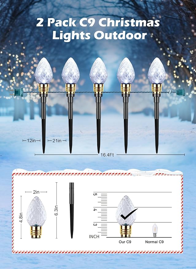 2 Pack Strawberry C9 Christmas Pathway Lights Outdoor, Total 34.8FT 20 LED | Connectable Christmas Walkway Light, Waterproof Christma Lights Outdoor Decorations for Yard Lawn Holiday Outside, Pure White