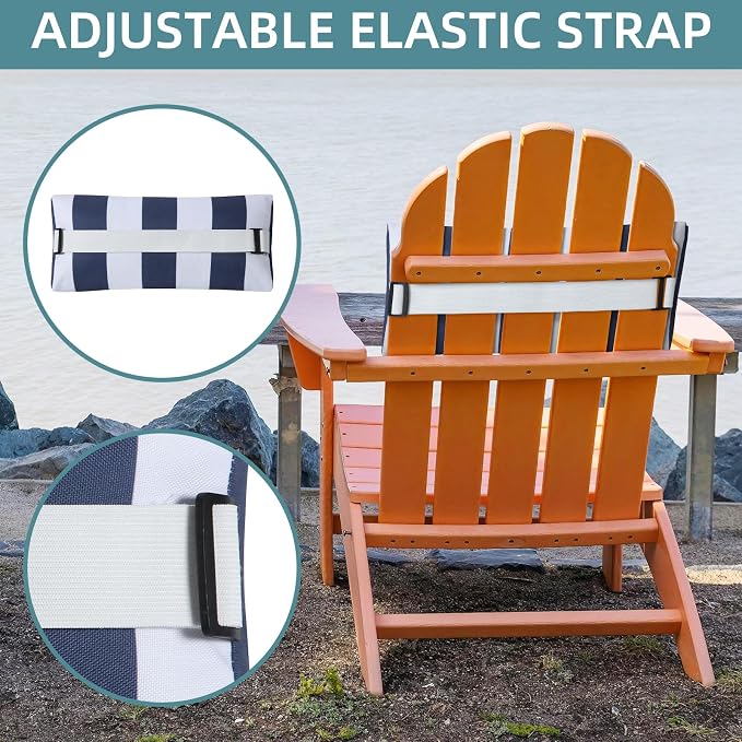 Outdoor Chair Pillows, 4 Pack Chaise Lounge Headrest Pillows Striped Pool Lounge Chair Pillow with Strap Recliner Pillow for Patio Garden Beach Balcony (Navy Blue)
