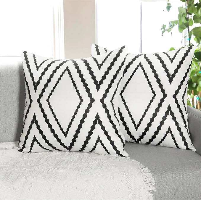 Adabana Outdoor Waterproof Pillow Covers 20x20 White | Geometric Decorative Throw Pillow Covers Set of 2 for Patio, Garden, Porch, Farmhouse