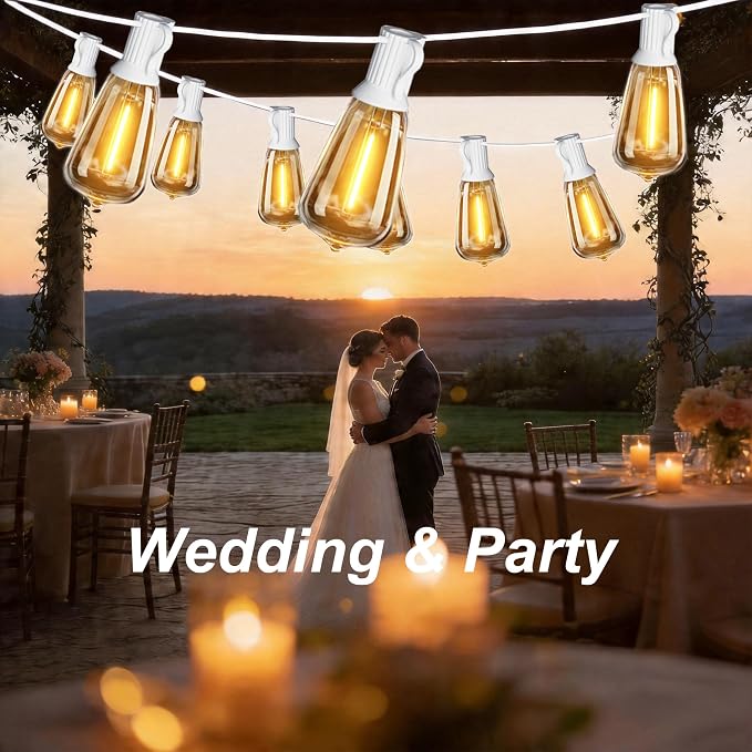 Outdoor String Lights White 50FT Waterproof Patio Lighting for Bistro Cafe | 50FT Connectable White Outdoor Lights, 27 Plastic Dimmable Edison Bulbs for Wedding Porch Garden Gazebo Balcony Deck Yard