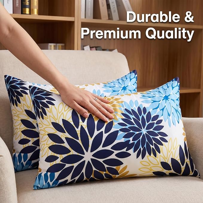 Dahlia Throw Pillow Covers 12x20 Inch Set of 2 Outdoor Pillows Waterproof Cushion Covers Decorative Pillowcases Blue and Yellow Square for Living Room Patio Garden Funiture