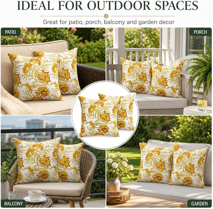 Waterproof Outdoor Throw Pillows with Inserts 18 x 18 Inch | Pack of 2 Decorative Patio Pillows, Square Outdoor Pillows for Patio Furniture Porch Garden Deck Balcony Couch and Sofa