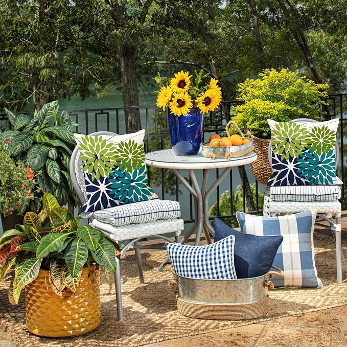 DFXSZ Pack of 2 Outdoor Waterproof Throw Pillow Covers 16x16 Green NavyBlue | Polyester Colorful Spring Summer Floral Decorative Cushion Cases(NO INSERT),For Couch Patio Funiture Garden Home Decor