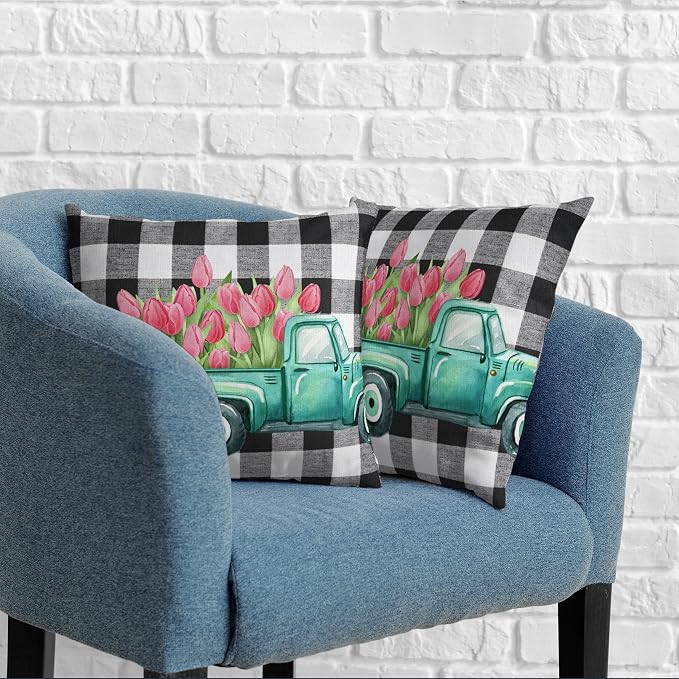 Spring Summer Floral Throw Pillow Covers Pink Tulip Decorative Pillowcase Vintage Blue Truck Cushion Covers 20x20 Set of 2 for Living Room Sofa Car Square Pillow Protectors