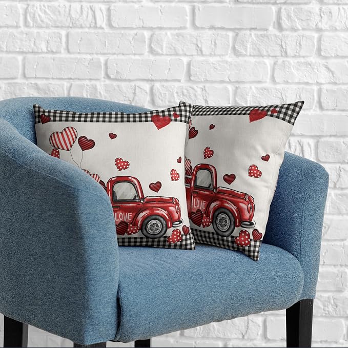 Valentines Throw Pillow Covers 22x22 Valentines Day Red Truck Pillow Covers Pack of 2 Heart Balloon Black Buffalo Plaid Decoarative Pillow Case for Home Outdoor Deocr Couch