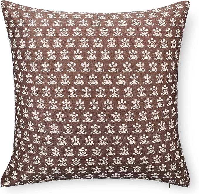 Crumbs Home Modern Farmhouse California Casual Indoor Outdoor Throw Pillow Cover, 22"x22" Water Repellent for Patio, Backyard, Couch, Poolside, Earth Tone Cocoa Brown Block Print Floral
