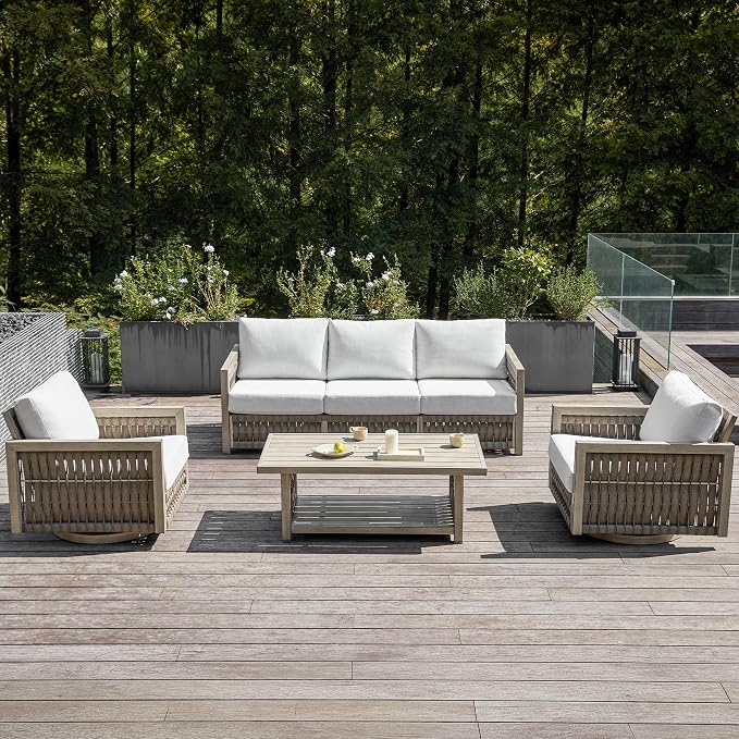 4 Pieces Patio Furniture Set, Outdoor Conversation Set with Coffee Table, 3-Seat Sofa & Swivel Chair, Rope Weave & Aluminum Frame, Contemporary Sofa with Cushion for Porch Yard Deck, Gray Oak