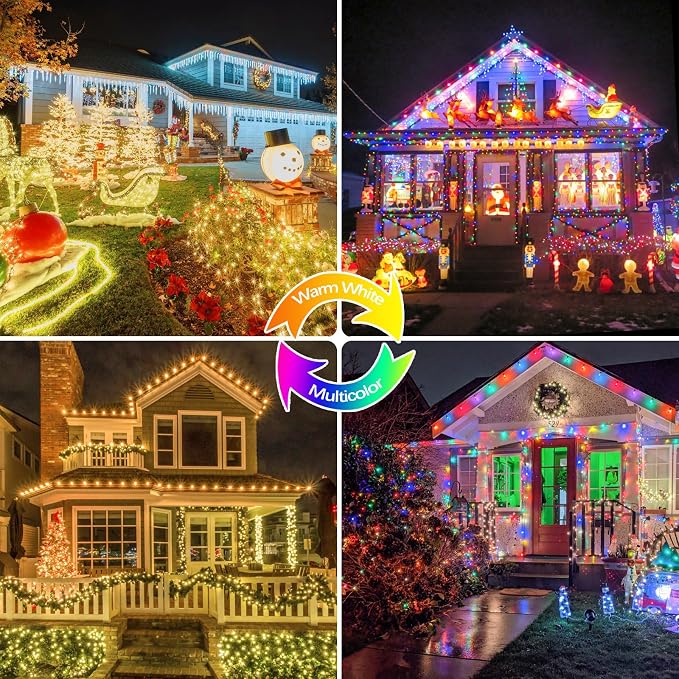 Solar Fairy Lights, 2 Pack Total 400LED 144FT Warm White to Multicolor | Waterproof Color Changing Solar String Lights Outdoor, Copper Wire, 8 Modes Solar Twinkle Lights for Tree Garden Yard Decor