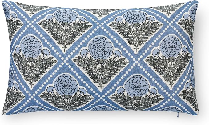 California Casual Coastal Indoor Outdoor Lumbar Pillow Cover, 12"x20" Water Repellent for Patio, Backyard, Couch, Azure Light Blue Block Print Vintage Hydrangea Flowers