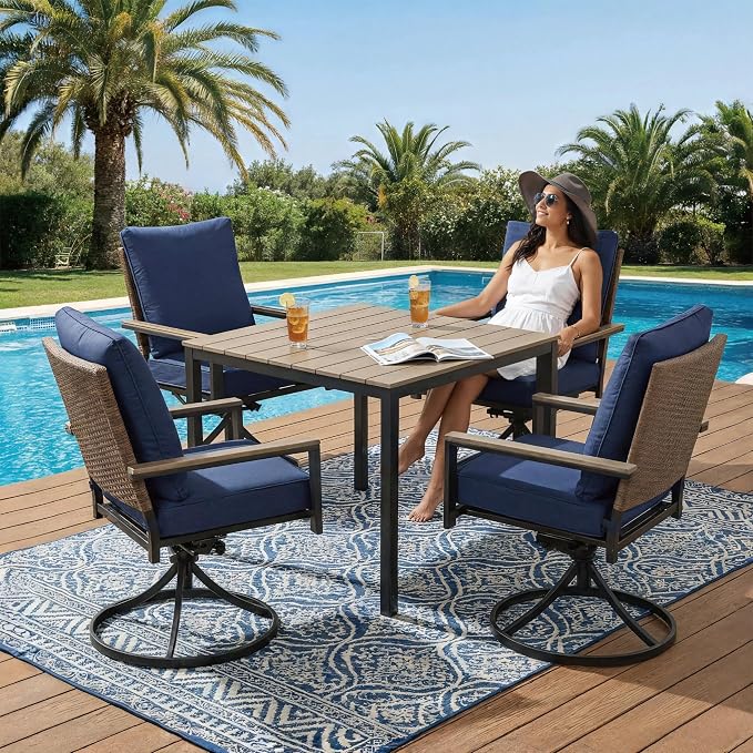 5-Piece Patio Dining Set, 4 Swivel Chairs with Removable Thickened Cushions & Square Table with Umbrella Hole, All-Weather Furniture for Backyard, Garden & Lawn, Blue
