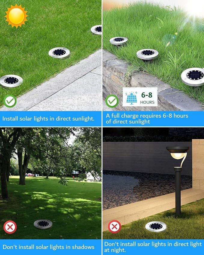 Biling Solar Ground Lights Outdoor Bright Waterproof 8 Pack Warm White | Flat 12 LEDs Solar Outdoor Lights Longevity, Easy To Assemble and Use, for Yard Walkway Garden Driveway