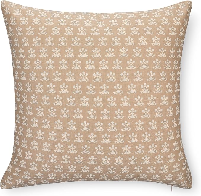 Crumbs Home Modern Farmhouse California Casual Indoor Outdoor Throw Pillow Cover, 22"x22" Water Repellent for Patio, Backyard, Couch, Poolside, Earth Tone Ivory Cream Tan Block Print Floral
