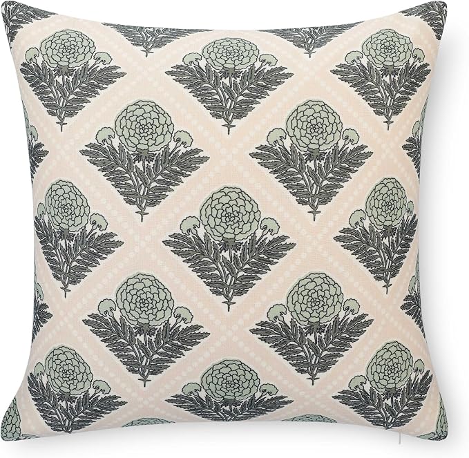 Crumbs Home Modern Farmhouse California Casual Indoor Outdoor Throw Pillow Cover, 20"x20" Water Repellent for Patio, Backyard, Couch, Earth Tone Light Green Tan Block Print Vintage Hydrangea Flowers