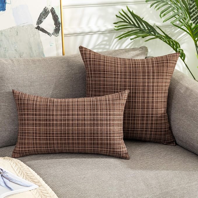 Kevin Textile Outdoor Waterproof 12"x24" Lumbar Pillow Covers 2 Pack, Brown | Water Resistant, Faux Linen Yarn-dyed, Woven Texture Throw Pillow Covers for Tent Patio Garden Couch Sofa